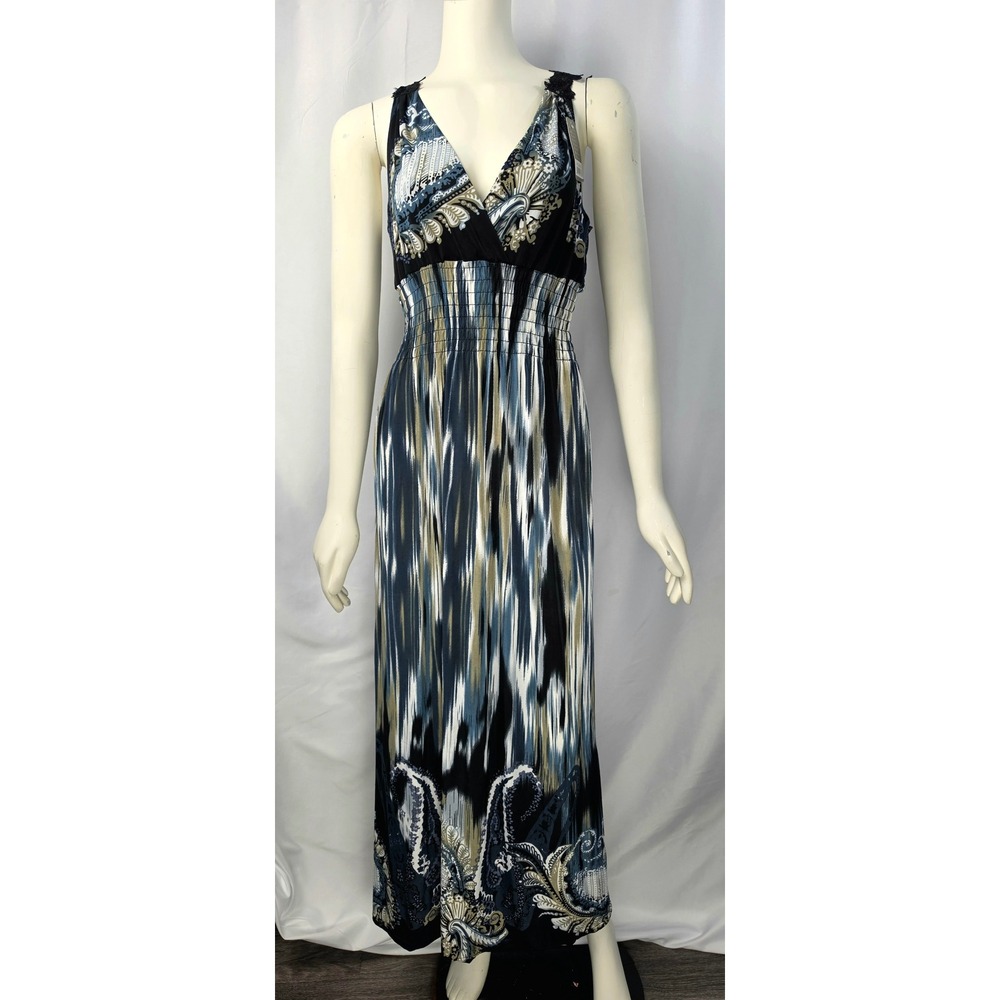 J&M Blue Black Paisley Ikat Lace Back Smocked Maxi Dress XL HY2246